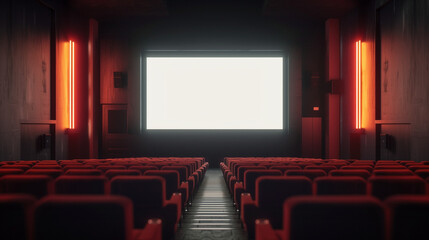 Obraz premium An empty cinema hall with red seats and a central focus on the screen, capturing the essence of anticipation and ready for movie enthusiasts and entertainment-related themes.