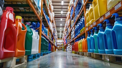 Industrial cleaning supplies in a warehouse showcasing various colorful detergent bottles
