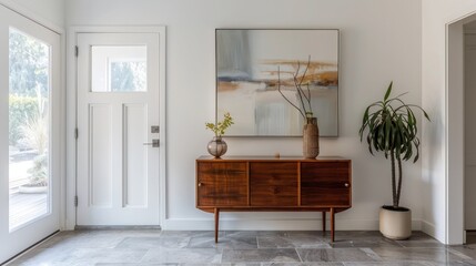 elegant suburban mid-century modern entryway with a bespoke wooden console and minimalist artwork