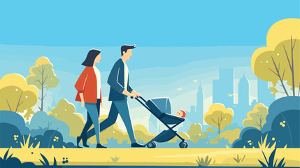 An asian young father walking with baby stroller in t