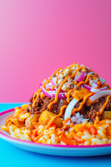 Colorful Rochester Garbage Plate with Macaroni and Toppings