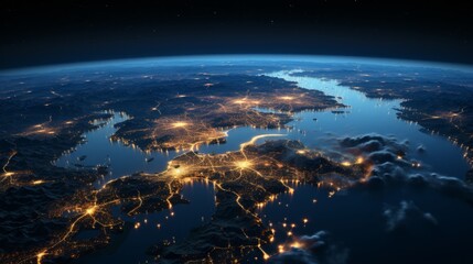 Fototapeta premium A breathtaking view of Earth from space as the sun rises over the horizon, casting a warm glow on the planet's surface.