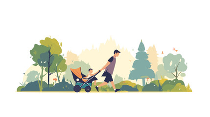 An asian young father walking with baby stroller in t