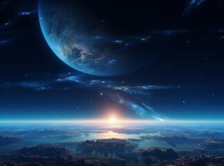 A breathtaking view of Earth from space as the sun rises over the horizon, casting a warm glow on the planet's surface.