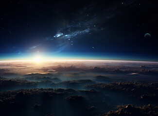 Fototapeta premium A breathtaking view of Earth from space as the sun rises over the horizon, casting a warm glow on the planet's surface.