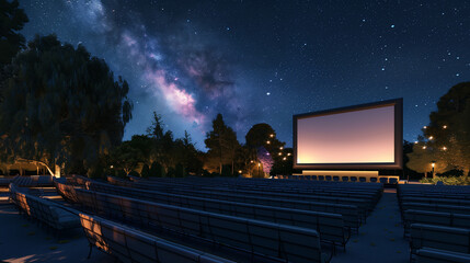 Outdoor cinema setup under a starry sky, creating a cozy and enchanting atmosphere. Perfect for events, entertainment, and leisure themes.