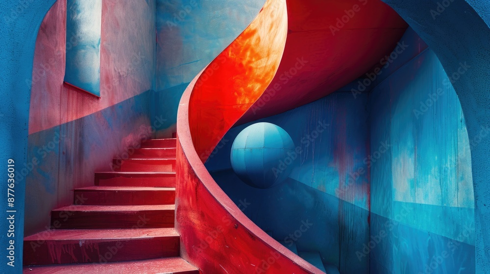 Poster a close-up of a spiral staircase with alternating red and blue steps, ascending to a blue background