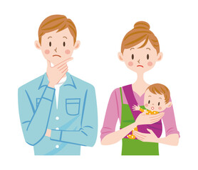 心配がある夫婦のイラスト　ファミリー　子育て	疑問　考える
