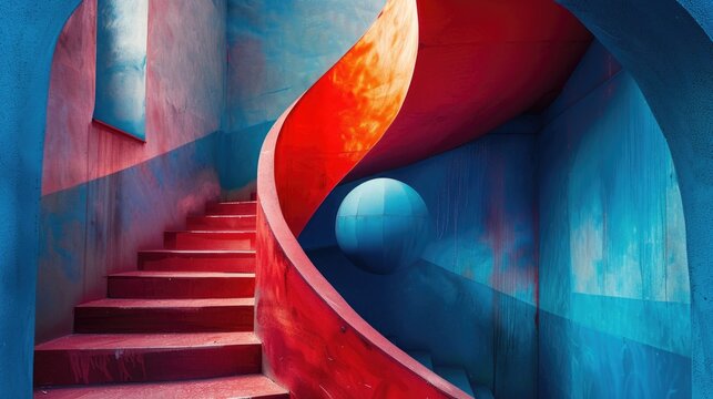 A close-up of a spiral staircase with alternating red and blue steps, ascending to a blue background