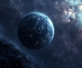Naklejka premium A breathtaking view of Earth from space as the sun rises over the horizon, casting a warm glow on the planet's surface.