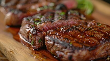 Close up view of fresh rib eye steak on wooden board displaying meat s juicy texture