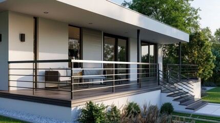 contemporary suburban home with a modern twist on the traditional front porch, featuring sleek metal railings and minimalist furniture