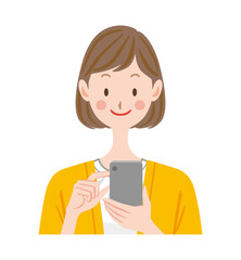 スマホを操作する若い女性のイラスト　スマートフォンを使う主婦　学生