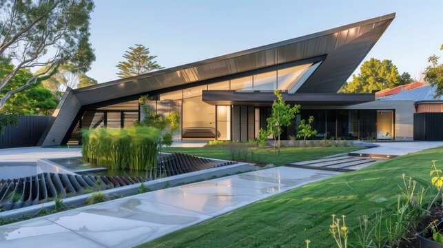 contemporary suburban home with a unique, angular roof design that provides shade and channels rainwater into a collection system for irrigation