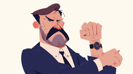 Angry boss pointing at wrist watch. flat vector style