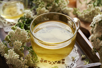 Herbal tea in a transparent glass cup with fresh yarrow or Achillea millefolium flowers