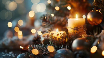 Christmas candles burning brightly under the tree with ornaments and lights