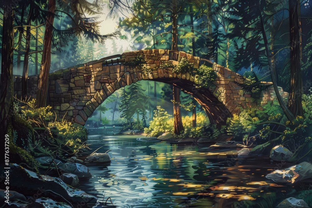 Aufkleber sunlight filtering through trees illuminating an old stone bridge crossing a tranquil river in a lus