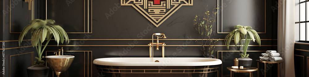 Wall mural A luxurious black and gold bathroom with a freestanding bathtub, perfect for a relaxing spa day. 
