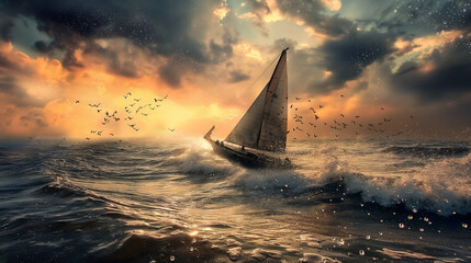 Sailboat sailing on rough sea at golden hour with birds flying