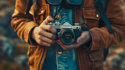 Photographer holding vintage analog camera outdoors