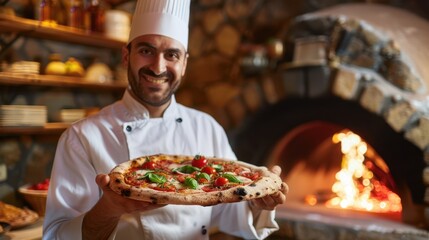 Obraz premium The chef holding pizza
