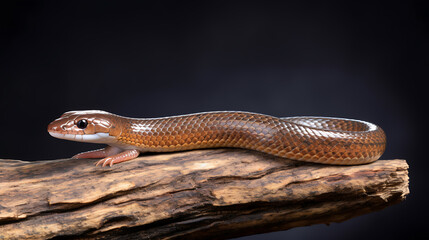 Naklejka premium A brown snake with white stripes on a rustic wooden branch, showcasing the beauty of nature and wildlife. 