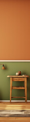Minimalist wooden table with orange and green wall, perfect for interior design projects and showcasing products. 
