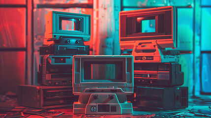 Retro cameras in red and blue light, nostalgic memories, vintage technology, 80s aesthetic, film photography. 
