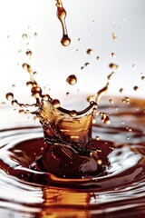 A splash of liquid on top of a brown liquid, suitable for use in illustrations about chemistry or cooking