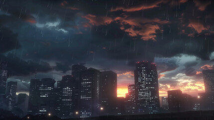 Dark storm clouds gathering over skyline of modern city at sunset