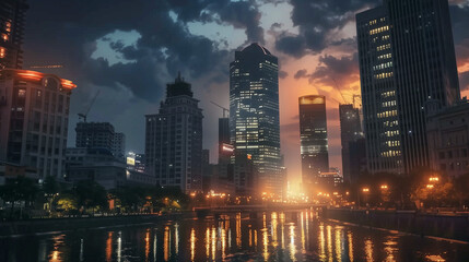 Obraz premium Cityscape reflecting on river at sunset with dramatic sky