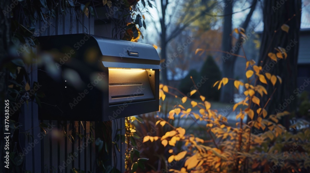 Poster a modern mailbox with a built-in light illuminates the surrounding foliage as dusk approaches.