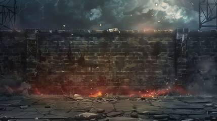 Old brick wall burning in an abandoned neighborhood