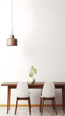 Minimalist dining room with brown wooden table and white chairs, perfect for modern home decor. 

