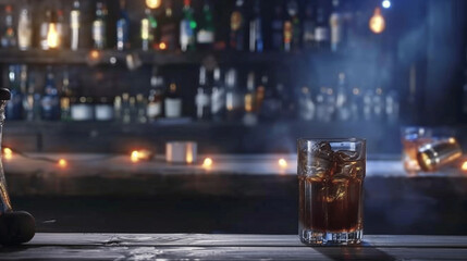Glass of alcoholic beverage with ice cubes sitting on bar countertop