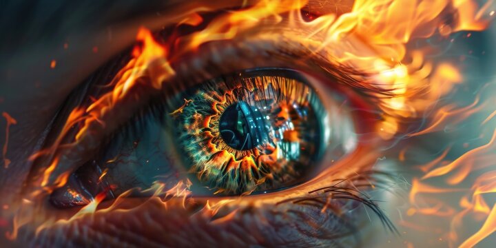 A close-up shot of a person's eye with flames burning in the background, suitable for use in dramatic or suspenseful contexts