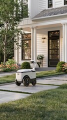 A white autonomous delivery robot is parked in front of a modern home entrance, waiting to deliver a package