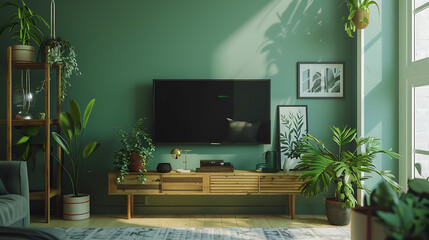 Green living room with wooden furniture and plants, a perfect space for relaxation and entertainment. 
