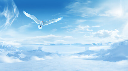 Fototapeta premium A white bird flying over a snowy mountain landscape, blue sky, and white clouds, perfect for winter, nature, and freedom concepts. 