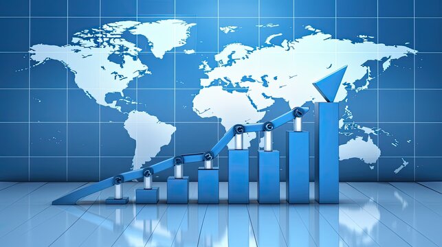 A 3D bar chart with an upward trend, set against a backdrop of a blue world map, indicating global growth