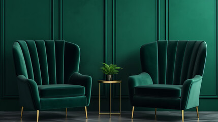 Elegant green velvet chairs and gold accents create a sophisticated and inviting atmosphere perfect for a luxurious living room design. 
