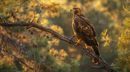 A large bird of prey, the Spanish imperial eagle, perches on a tree branch in Spain during September 2023.