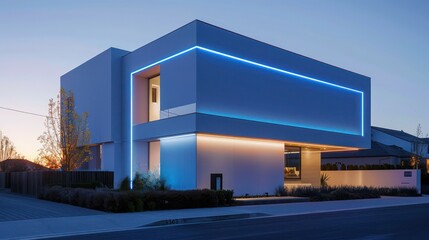 Obraz premium contemporary suburban home with a sleek, white exterior and a blue LED outline that enhances its architectural features at night