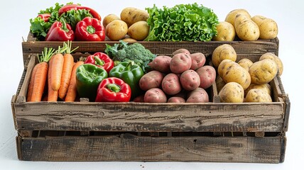 Discover a wooden crate brimming with a vibrant array of farm-fresh vegetables. From plump tomatoes to crisp bell peppers, this beautifully arranged selection exudes natural appeal and freshness
