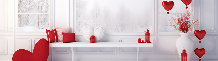 Romantic winter interior with red hearts and white decor for Valentine's Day celebration. 
