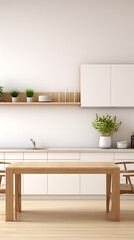 Fototapeta premium Minimalist kitchen design with white cabinets and a wooden table, perfect for a modern home. 