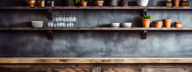 Rustic wooden shelves with brown pots and a grey background, perfect for a kitchen or home decor design. 
