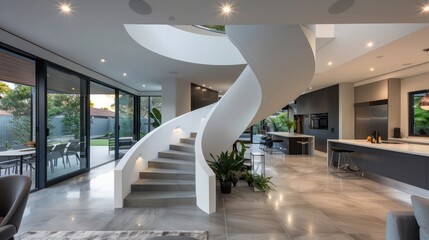 Obraz premium contemporary suburban home with a dramatic, sculptural staircase that serves as the centerpiece of the open-plan interior