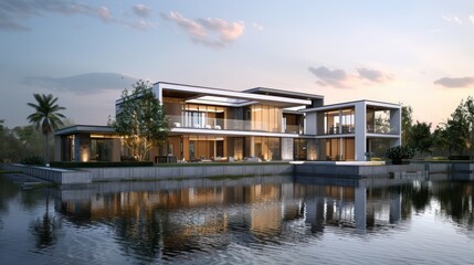 Obraz premium contemporary suburban home with an artfully designed moat that surrounds the property, enhancing its architectural beauty and security